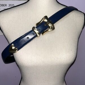 Vintage 80's Women's Blue Leather Belt With Bold Gold Buckle Women's 42"